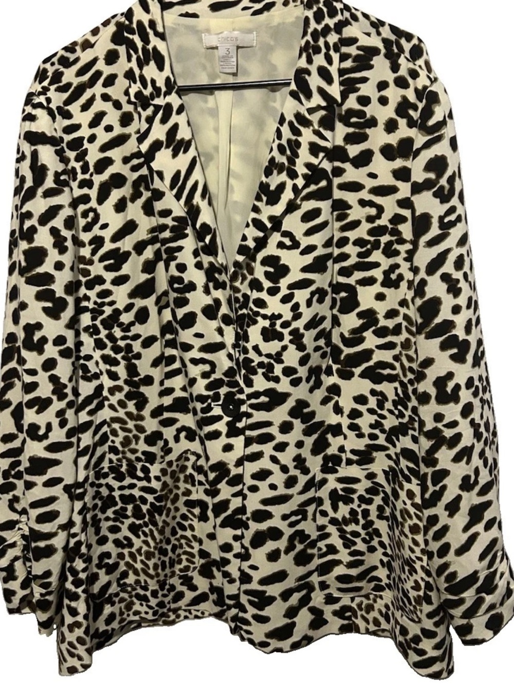 Chico's Jacket 3 Leopard Print Lightweight Layering One Button Silky Blazer XL